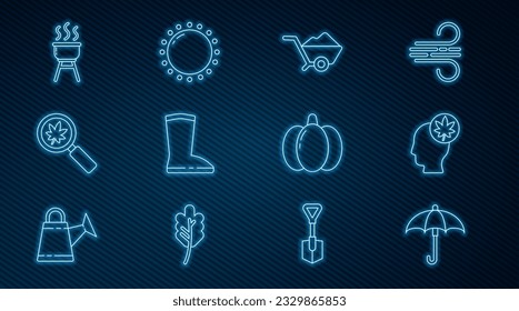 Set-Linie Umbrella, menschlicher Kopf mit Blatt, Schmutz auf dem Laufrad, wasserdichtes Gummi-Stiefel, Gläserglas, Grillgrill, Kürbis und Sonnensymbol. Vektorgrafik