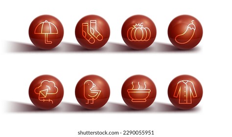 Set line Umbrella, Kite, Eggplant, Bowl of hot soup, Little chick, Socks, Raincoat and Pumpkin icon. Vector