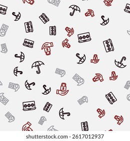 Set line Umbrella, Laptop with password, Firewall, security wall and Lock on seamless pattern. Vector