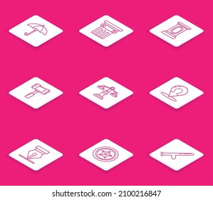 Set line Umbrella, Law pillar, Stage stand or debate podium rostrum, Judge gavel, Scales of justice, Map marker with silhouette person, Fountain pen nib and Police badge icon. Vector