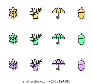Set Linie Regenschirm, Blatt, Bare Tree und Acorn Symbol. Vektorgrafik