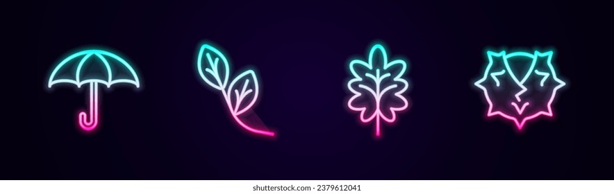 Define la línea Paraguas, Hojas y Castaño. Icono de neón brillante. Vector