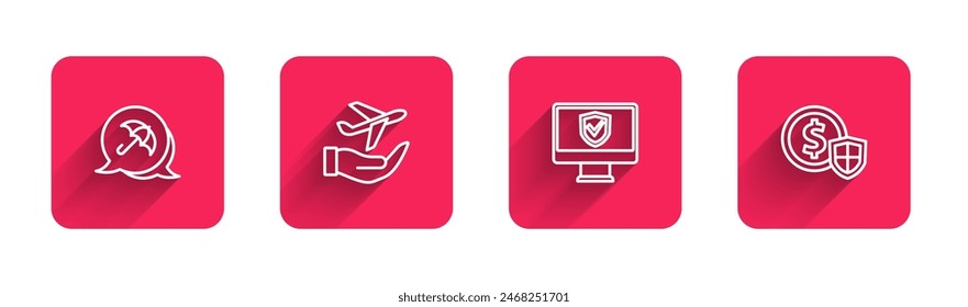 Set line Umbrella, Plane in hand, Insurance online and Money with shield with long shadow. Red square button. Vector