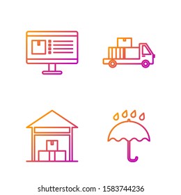 Set line Umbrella and rain drops , Warehouse , Computer monitor with app delivery tracking  and Delivery truck with cardboard boxes. Gradient color icons. Vector