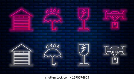 Set line Umbrella and rain drops , Fragile broken glass symbol, Closed warehouse  and Delivery drone with the package . Glowing neon icon on brick wall. Vector