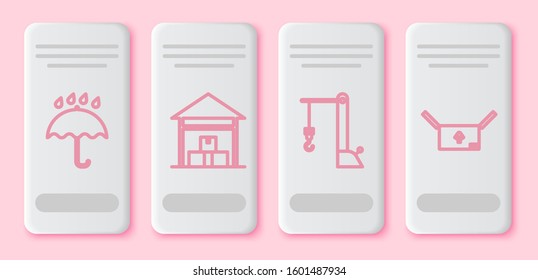 Set line Umbrella and rain drops , Warehouse , Harbor port crane and Cardboard box with traffic symbol . White rectangle button. Vector