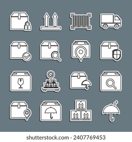 Set line Umbrella and rain drops, Search package, Delivery box security shield, Barcode, Package with check mark, Locked and Location cardboard icon. Vector