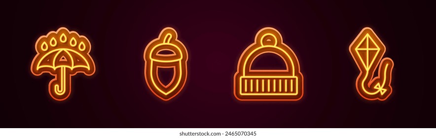 Set line Paraguas y gotas de lluvia, Bellota, Sombrero de invierno y Cometa. Icono de neón brillante. Vector