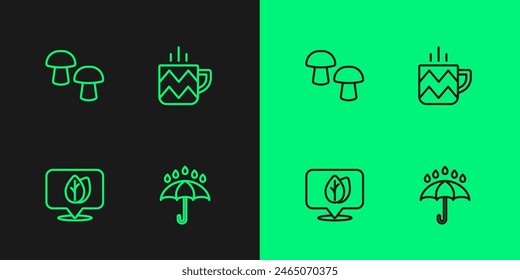 Set line Regenschirm und Regentropfen, Lage mit Blatt, Pilz und Tasse Tee Ikone. Vektorgrafik