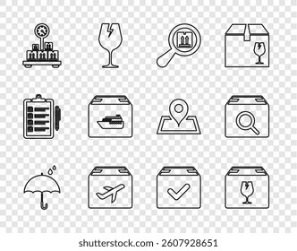 Set line Umbrella and rain drops, Delivery box with fragile content, Search package, Plane cardboard, Scale, Cargo ship boxes, Package check mark and  icon. Vector