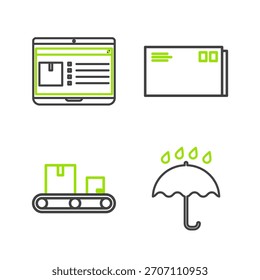 Paraguas y gotas de lluvia, cinta transportadora con caja de cartón, sobre y App portátil icono de seguimiento de entrega. Vector