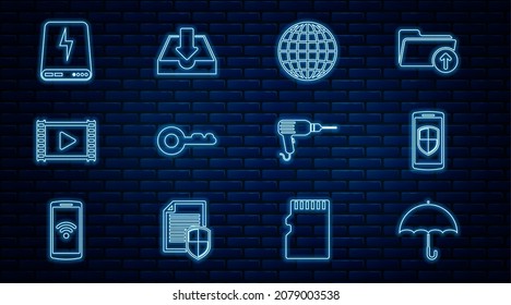 Fijar línea Paraguas, Smartphone con escudo, globo terrestre, Key, Play Video, Power Bank, Drill Machine y el icono de la bandeja de entrada de descarga. Vector