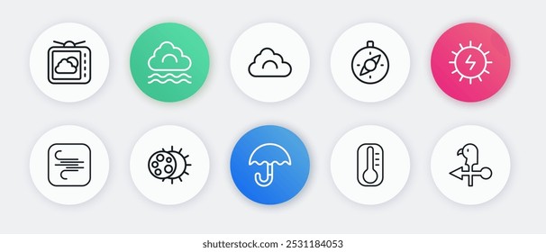 Definir linha Guarda-chuva, painel de energia solar, Vento, Termômetro, Bússola, Nuvem, Galo, palheta do tempo e Eclipse do ícone do sol. Vetor