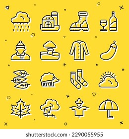 Set line Umbrella, Sun and cloud weather, Eggplant, Waterproof rubber boot, Mushroom, Autumn clothes, Cloud with rain and Raincoat icon. Vector