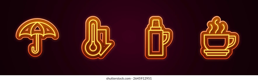 Set line Umbrella, Thermometer, Thermos container and Coffee cup. Glowing neon icon. Vector
