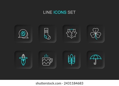 Set line Umbrella, Wheat, Cup of tea, Corn, Clover, Chestnut, Socks and Leaf icon. Vector