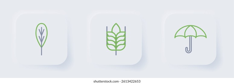 Set line Umbrella, Wheat and Leaf icon. Vector
