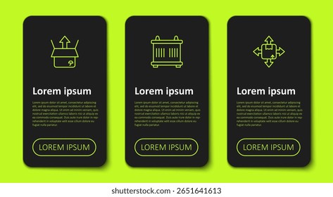 Definir a linha Unboxing, Container e Carton cardboard. Modelo de infográfico comercial. Vetor