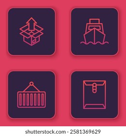 Set line Unboxing, Container on crane, Cargo ship with boxes delivery and Envelope. Blue square button. Vector