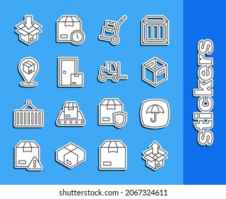 Set line Unboxing, Delivery package with umbrella, Carton cardboard, Hand truck and boxes, Home delivery services, Location,  and Forklift icon. Vector