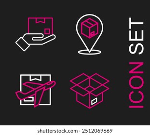 Set line Unboxing, Plane and cardboard, Location with and Delivery hand icon. Vector