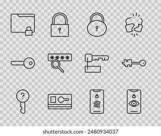 Set line Undefined key, Eye scan, Lock, Key card, Folder and lock, Password protection, Mobile with fingerprint and Old icon. Vector