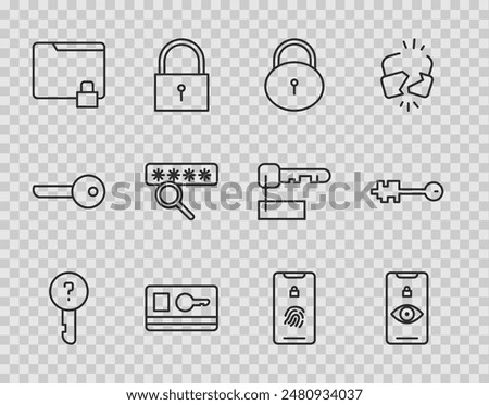 Set line Undefined key, Eye scan, Lock, Key card, Folder and lock, Password protection, Mobile with fingerprint and Old icon. Vector