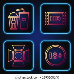 Set line Under 18 years, Movie spotlight , Popcorn and soda drink glass and 4k movie, tape, frame . Gradient color icons. Vector