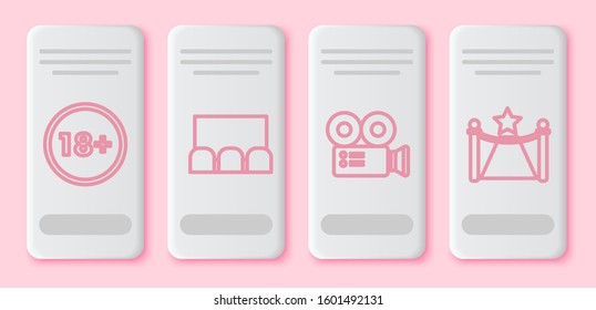 Set line Under 18 years, Cinema auditorium with screen and seats , Cinema camera  and Carpet with barriers and star . White rectangle button. Vector