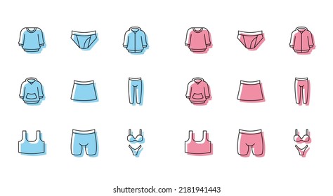 Set line Undershirt, Cycling shorts, Sweater, Swimsuit, Skirt, Leggings, Hoodie and Men underpants icon. Vector