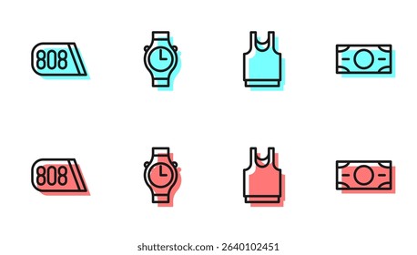 Set line Undershirt, Drum machine music, Wrist watch and Stacks paper money cash icon. Vector