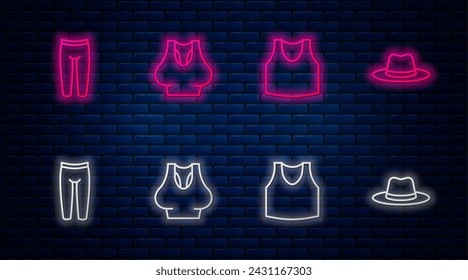 Set line Undershirt, Leggings and Man hat. Glowing neon icon on brick wall. Vector