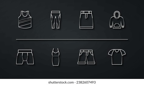 Set line Undershirt, Men underpants, Hoodie, Short or, Woman dress, Leggings, T-shirt and Skirt icon. Vector