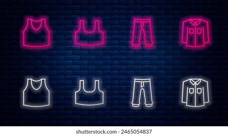 Set line Undershirt, Pants,  and Shirt. Glowing neon icon on brick wall. Vector