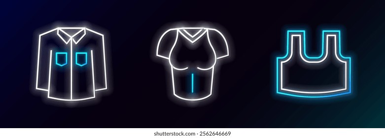 Set line Undershirt, Shirt and T-shirt icon. Glowing neon. Vector