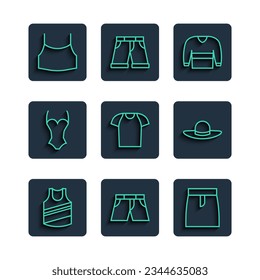 Set line Undershirt, Short or pants, Skirt, Sweater, T-shirt, Swimsuit, Female crop top and Elegant women hat icon. Vector