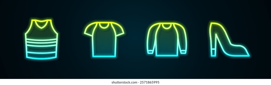 Set line Undershirt, T-shirt, Sweater and Woman shoe. Glowing neon icon. Vector