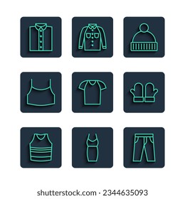 Set line Undershirt, Woman dress, Pants, Beanie hat, T-shirt, Female crop top, Shirt and Christmas mittens icon. Vector