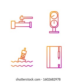 Set line Underwater note book and pencil, Floating buoy on the sea, Industry metallic pipes and valve and Gauge scale. Gradient color icons. Vector