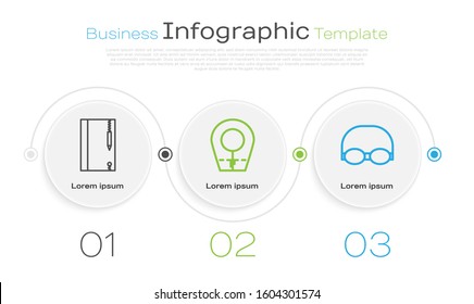 Set line Underwater note book and pencil, Diving hood and Glasses and cap for swimming. Business infographic template. Vector