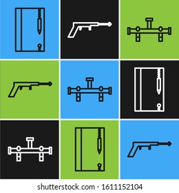 Set line Underwater note book and pencil, Manifold and Fishing harpoon icon. Vector