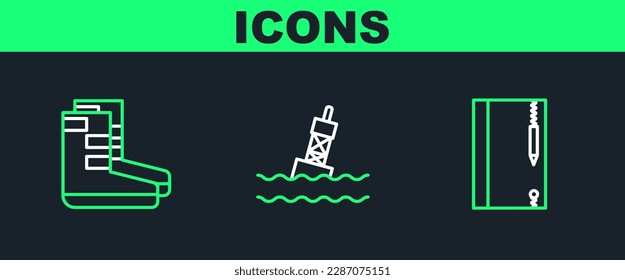 Set line Underwater note book and pencil, Boots and Floating buoy on the sea icon. Vector