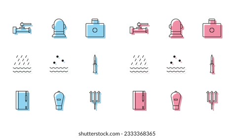Set line Underwater note book and pencil, Lift bag, Industry metallic pipes valve, Neptune Trident, Cold waves, Army knife, Rain and Buoy icon. Vector