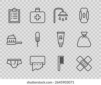 Set line Underwear, Crossed bandage plaster, Shower head, Paper towel dispenser on wall, Clipboard with checklist, Sanitary tampon, Hairbrush and Garbage bag icon. Vector