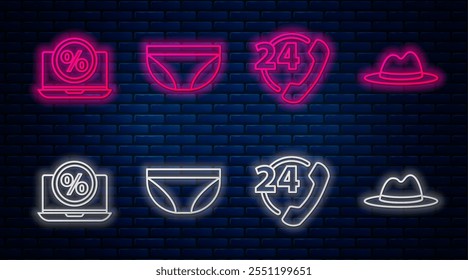 Set línea Ropa interior, Teléfono 24 horas de Asistencia, Porcentaje de descuento y portátil y sombrero de hombre con cinta. Icono de neón brillante en la pared de ladrillo. Vector