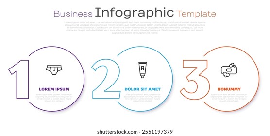 Set línea Ropa interior, tubo de pasta de dientes y jabón de barra. Plantilla de infografía de negocios. Vector