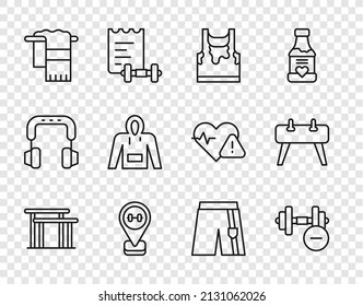 Set line Uneven bars, Dumbbell, Sweaty sleeveless t-shirt, Location gym, Towel hanger, Hoodie, Short or pants and Pommel horse icon. Vector