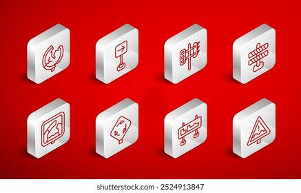 Set line Uneven road ahead sign, Traffic turn right, light, Road barrier, traffic, Roundabout and Drawbridge icon. Vector