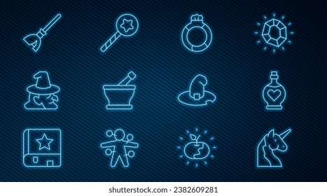 Set line Unicorn, Bottle with love potion, Magic stone ring gem, Mortar and pestle, Witch, Witches broom, hat and wand icon. Vector