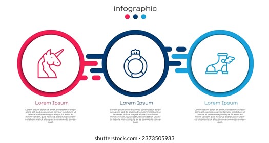 Set line Unicorn, Magic stone ring with gem and Hermes sandal. Business infographic template. Vector